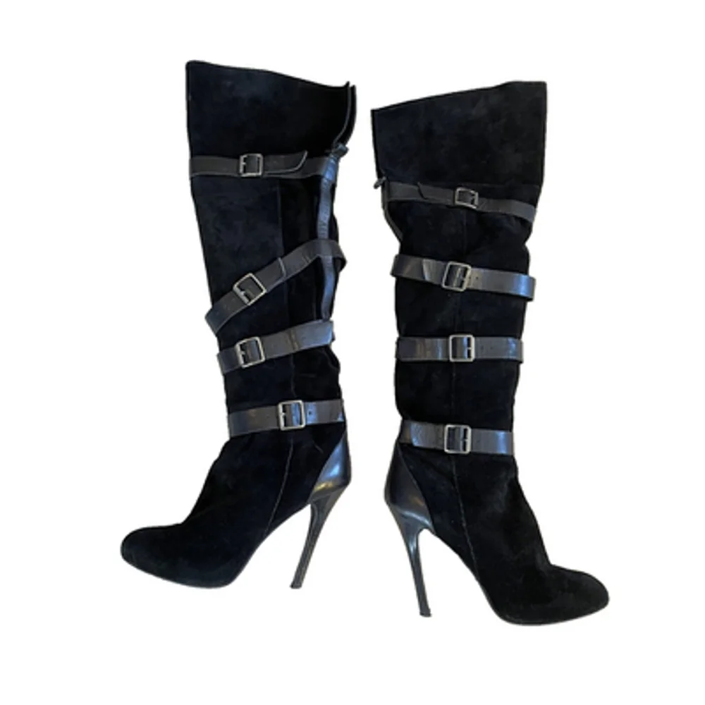 BCBGeneration Black Suede Buckle Accents Over Knee Stiletto Boots Sz 10
